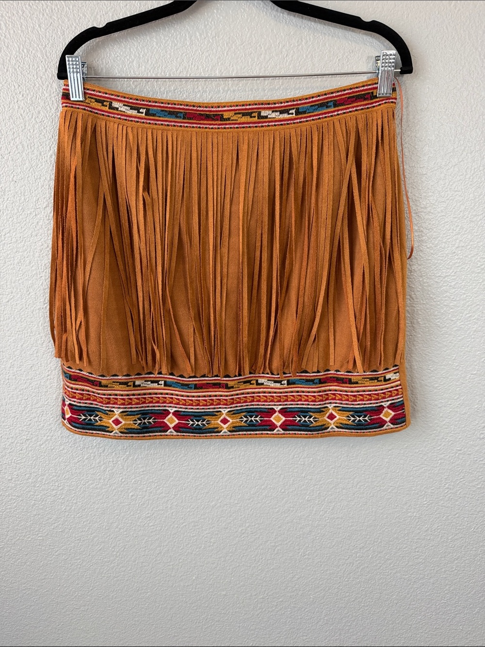 Savanna Jane Rust Fringe Mini Skirt with Multicolor Aztec Trim